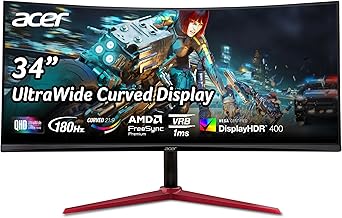 Nitro 34 Inch UWQHD 3440 x 1440 1500R Curved PC Gaming Monitor | AMD FreeSync Premium | Up to 180Hz Refresh | 1ms (VRB) | 400nit | DisplayHDR 400 | One DP 1.4 & Two HDMI 2.0 | XZ342CU Vbmiiphx