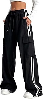 Sponsored Ad - Women's Cargo Pants Baggy Straight Wide Leg Track Pants Striped Joggers with Pockets Athletic Streetwear