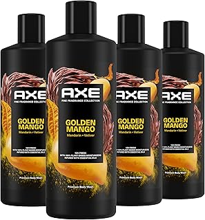 AXE Fine Fragrance Collection Body Wash For Men Golden Mango 4 Count 12h Refreshing Scent Shower Gel Infused with Mango, Mandarin, and Vetiver Essentials Fine Fragrance Collection 18 oz