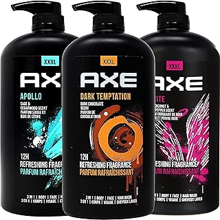 Axe Men's Body Wash Variety Set, Set of 3 Scents, Axe Dark Temptation, Apollo and Excite Body Wash, 3in1 Body and Face Wash in Pump Bottle, 33.8 Ounce Each