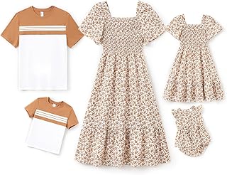PATPAT Family Matching Outfits Boho Floral Print Square Neck Puff Sleeve Smocked Dress and Short Sleeve T-Shirts Matching Set