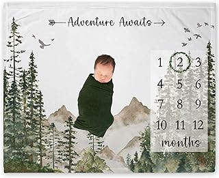 Yuzioey Adventure Awaits Milestone Blanket, Forest Mountain Baby Growth Chart Monthly Blanket, Watch Me Grow Woodland Mountain Tree Baby Nursery Shower(50"x40")