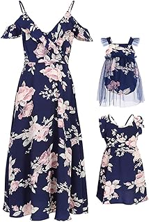 PopReal Mommy and Me Dresses Floral Print Cold Shoulder Ruffle Backless Strap Romper Beach Midi Dress Summer