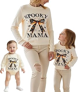 Mommy and Me Halloween Outfits Cute Bow Mama and Mini Crewneck Sweatshirt Pullover Mother Baby Matching Fall Shirts