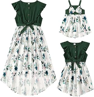 AWIBMK Mommy and Me Matching Dresses Leopard Ruffled Midi Dress Summer Solid Color Stripe Mom Daughter Matching Outfits