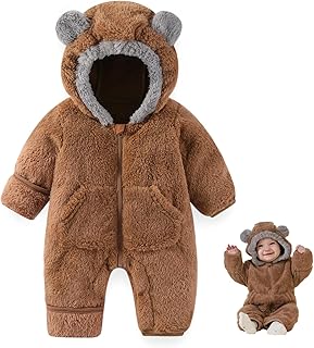 Newborn Baby Bear Outfit Suit With Fold-Over Mittens Footies Girls Boys Winter Fleece Clothes Hooded Romper Snowsuit