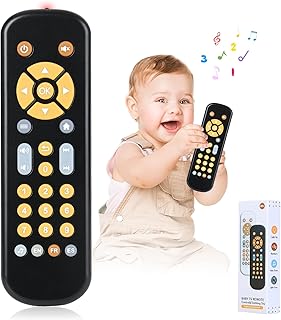 Baby TV Remote Control Toy for 6 Months+, Play Remote Musical Toys with Sound and Light, Early Development Toys with 3 Language English/French/Spanish for Toddlers 6 12 18 Month, BPA Free