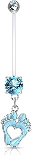 Pierced Owl - Double Jeweled Heart Baby Feet Dangle Pregnancy Maternity Belly Button Ring Retainer