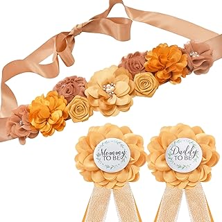 Maternity Sash and Corsage Pin Kit, Brown Gold Baby Shower Decorations Corsage Pin and Flower Maternity Sash for New Mommy and Daddy Pregnancy Photo Props Supplies(Pure handmade)