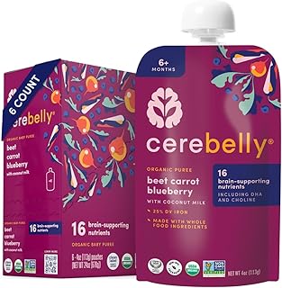 Sponsored Ad - Cerebelly Organic Baby Food Pouches, Beet Carrot & Blueberry Purees, 16 Nutrients, No Added Sugar, Fiber & Non-GMO, 4oz, 6 Pack