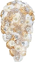 Sponsored Ad - Cascade Wedding Bridal Bouquet Silk Rose Artificial Flower Bride Holding Toss Bouquets Beaded Rhinestone Crystals Pendant Waterfall Drop Flowers Bunch Light Khaki and Ivory 8.7 Inch