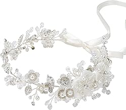 SWEETV Pearl Bridal Headband Sliver Wedding Headpieces for Bride, Crystal Flower Hair Accessories for Women Girls