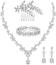 Sponsored Ad - Crysdue Wedding Jewelry Set for Women, Floral Leaf Vine Teardrop Necklace Dangle Earrings Bracelet and Hair Comb, Cubic Zirconia Elegant Party Prom Jewellery for Bridal Bridesmaid