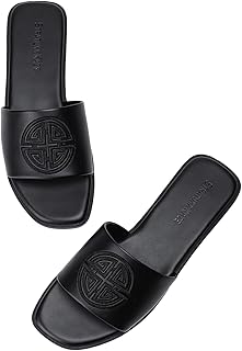 Sponsored Ad - Womens Flat Sandals Dressy Summer Slide with Memory Foam Comfortable Cute Leather Black Sandals for Women