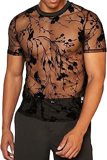 Men's Floral Print See Through Round Neck Short Sleeve Mesh Tshirt Party Top