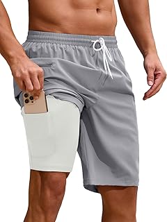 Mens Swim Trunks with Compression Liner 9 Inch Quick Dry 2 in 1 Swimming Board Shorts Bathing Suit w/Zipper Pockets
