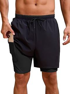 NCERUN 2 in 1 Mens Swim Trunks 7 Inch Swim Shorts Elastic Waist Bathing Suit with Compression Liner