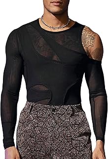 Men's Cold Shoulder Hollow Out Long Sleeve Mesh Tee Slim Fit Sheer Asymmetrical Neck T Shirt Clubwear