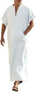 Men's V-Neck Linen Robe Short Sleeve Kaftan Thobe Long Gown Casual Shirt for Beach, Summer