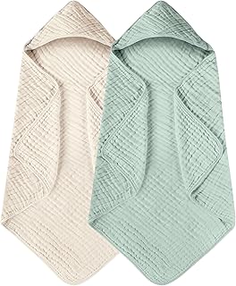 Yoofoss Hooded Baby Towels for Newborn 2 Pack 100% Muslin Organic Cotton Baby Bath Towel with Hood for Babies, Infant, Toddler and Kids, 32x32Inch, Soft and Absorbent Newborn Essential,Apricot&Green
