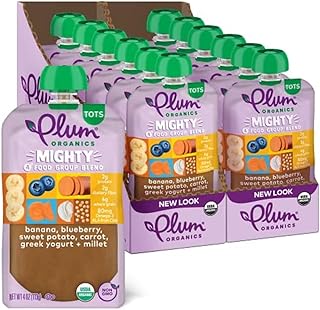 Plum Organics Mighty 4 Organic Toddler Food - Banana, Blueberry, Sweet Potato, Carrot, Greek Yogurt, and Millet - 4 oz Pouch (Pack of 12) - Organic Fruit and Vegetable Toddler Food Pouch