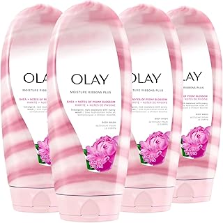 Body Wash for Women, Moisture Ribbons Plus, Deep Conditioning & Moisturizing Formula, Long Lasting Smooth Soft Skin, For All Skin Types, Shea Butter & Peony Blossom Scent, 18 fl oz (Pack of 4)