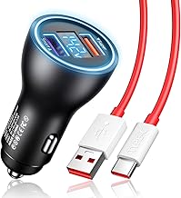 Car Charger for SuperVOOC 100W 80W for OnePlus 13 13R 12R 12 11 10t 10 Pro, 65W Warp Charger for OnePlus Nord N30 N100 Open Pad 9 Pro 8 7T 6T 6 LED Display Dual USB Car Charge Adapter 3.3FT Fast Cable
