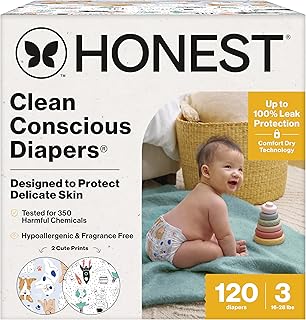Sponsored Ad - Clean Conscious Diapers for Sensitive Skin, Up to 100% Leakproof Hypoallergenic Fragrance-Free Baby Diapers, Gender Neutral Prints, Super Club Box, Size 3 (16–28 lbs), 120 Count