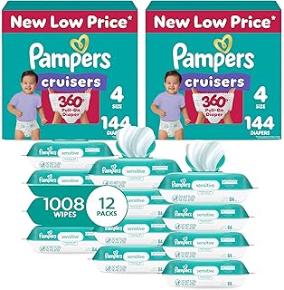 Pull On Cruisers 360° Fit Disposable Baby Diapers Size 4, 2 Months Supply (2 x 144 Count) with Sensitive Water Based Wipes 12X Multi Pack Pop-Top and Refill (1008 Count)