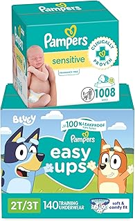 Easy Ups Bluey Pull On Training Pants Boys and Girls, 2T-3T, 140 Count with Sensitive Water Based Baby Wipes 12 Flip-Top Packs (1008 Wipes Total)