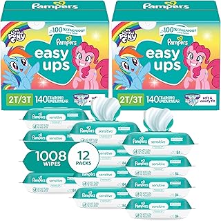Easy Ups Pull On Training Underwear Girls, 2T-3T, 2 Month Supply (2 x 140 Count) with Sensitive Water Based Baby Wipes 12X Multi Pack Pop-Top and Refill (1008 Count)