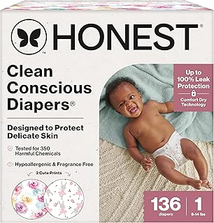 Sponsored Ad - Clean Conscious Diapers for Sensitive Skin, Up to 100% Leakproof Hypoallergenic Fragrance-Free Baby Diapers, Girl Prints, Super Club Box, Size 1 (8–14 lbs), 136 Count