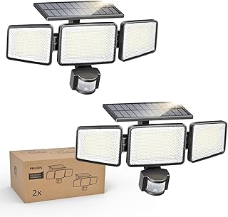 Solar Security Light Outdoor 302 LED 1200lm，Solar-Powered Waterproof Wall-Mounted Flood Light w/PIR Motion Sensor, 3 Heads, IP65 Waterproof, 3 Modes (2 Packs)
