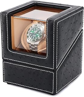 DRIKLUX Automatic Single Watch Winder for Rolex and Other Luxury Watches - Automatic Winder with Quiet Motor, Premium Black Ostrich Leather Exterior and Soft Flexible Watch Pillows of Camel Velvet
