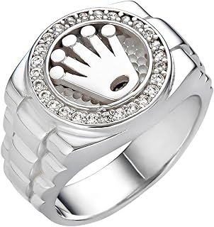 Rolex Crown Ring for Men – Solid 925 Sterling Silver – Iced Out with 0.3ct CZ Stones – Hip Hop Statement Ring – Luxury Jewelry Inspired by Rollie Watch Style – 15mm Face – Heavy 8-9g Ring