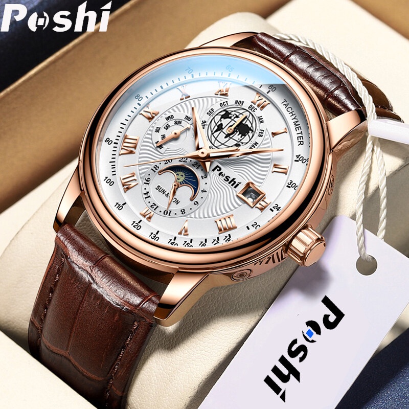 POSHI Men's Watch Leather Business Sport Waterproof Quartz Analog Watch jam tangan lelaki with box man's
